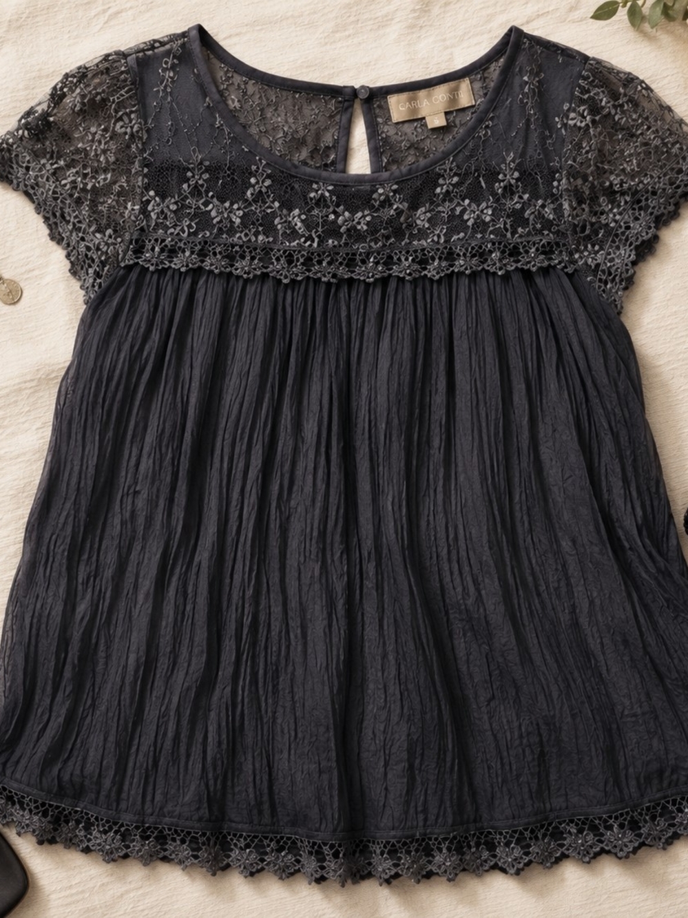 Carla Conti Italian Silk Navy Blue Lace Blouse Top Small Evening Occasion Date - Picture 2 of 7